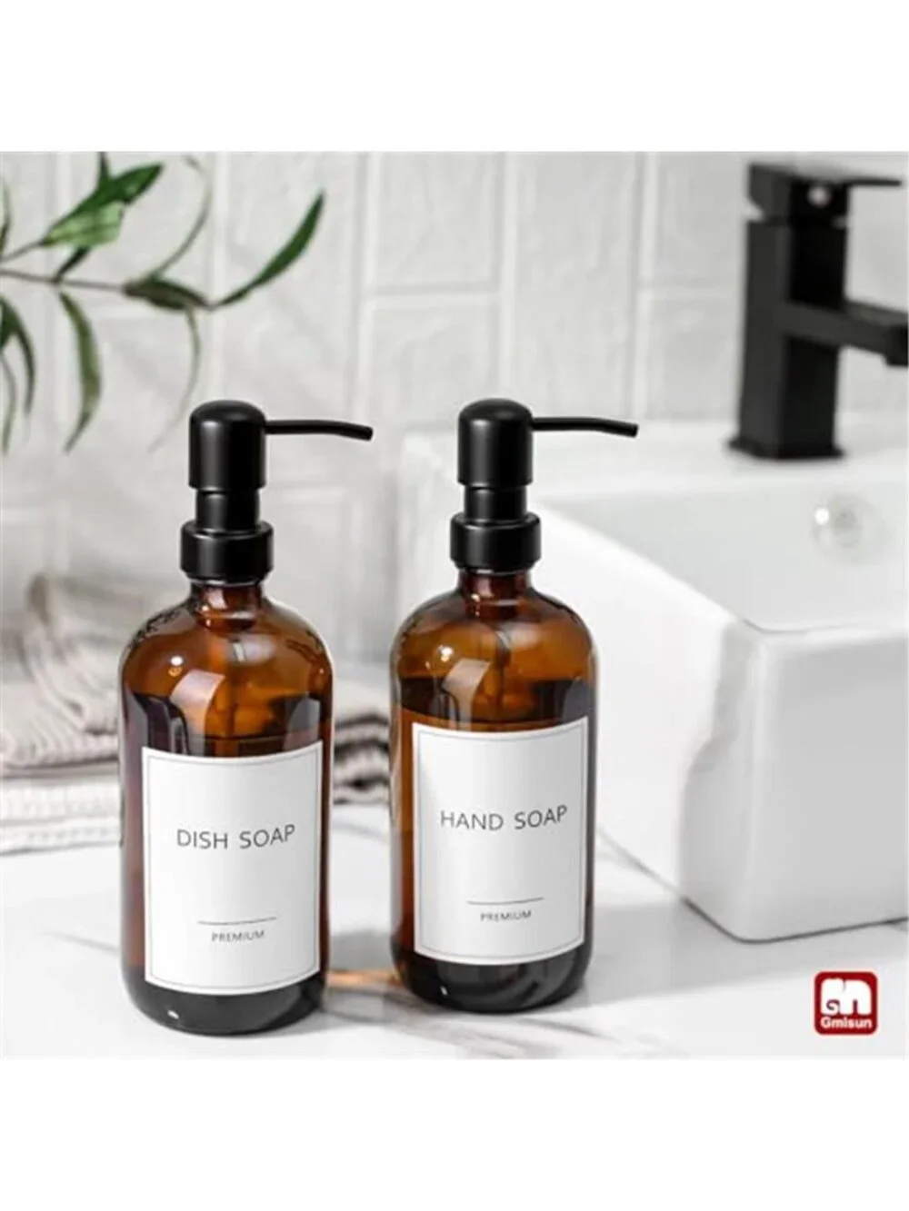 Amber Glass Soap Dispenser, 2 Pack Bathroom Hand Soap Dispensers